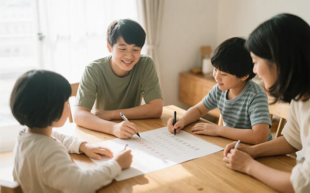 家庭在餐桌前用温和方式讨论观赛时间表与安静规则