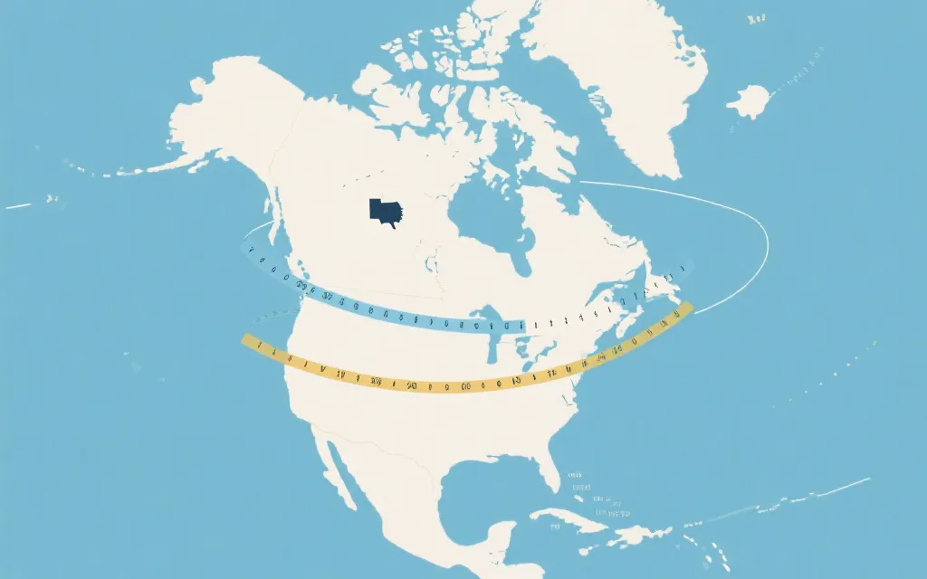 北美地图风格插画：三国联办跨时区与多城市旅行路线示意