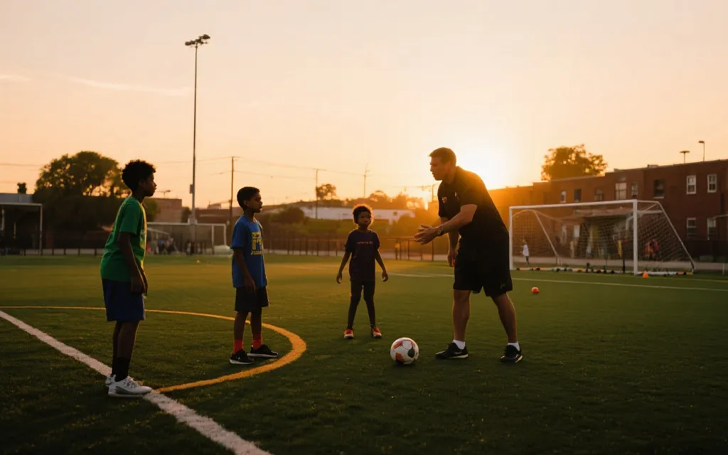 美国社区足球训练场，教练与多元背景青少年在黄昏训练