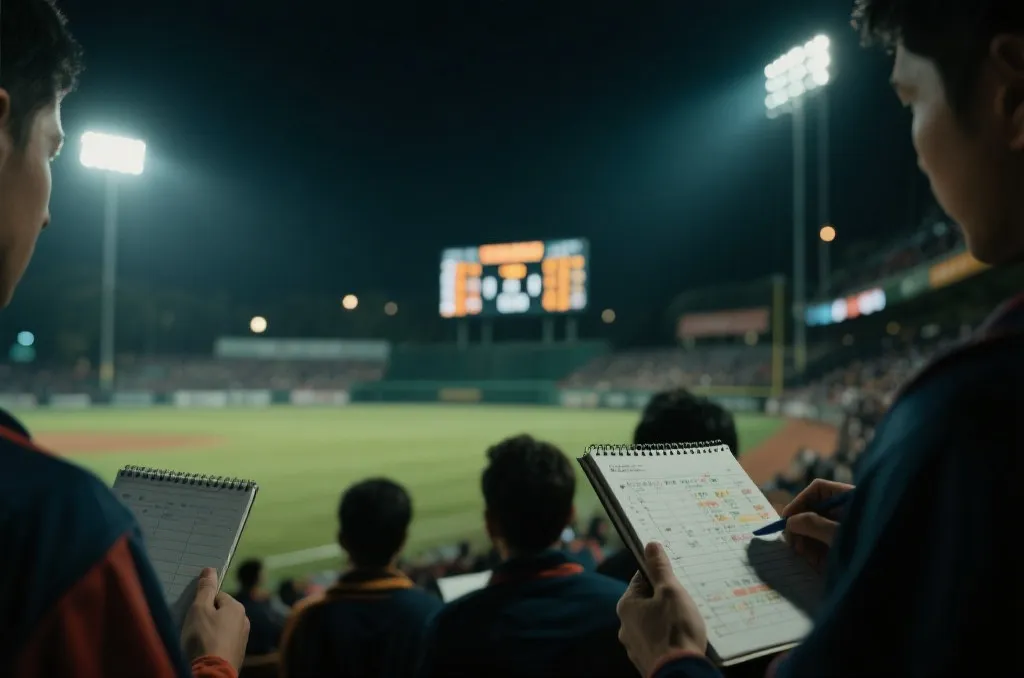世界杯比赛夜晚球场外景与记分牌意象，表现理性预测与复盘
